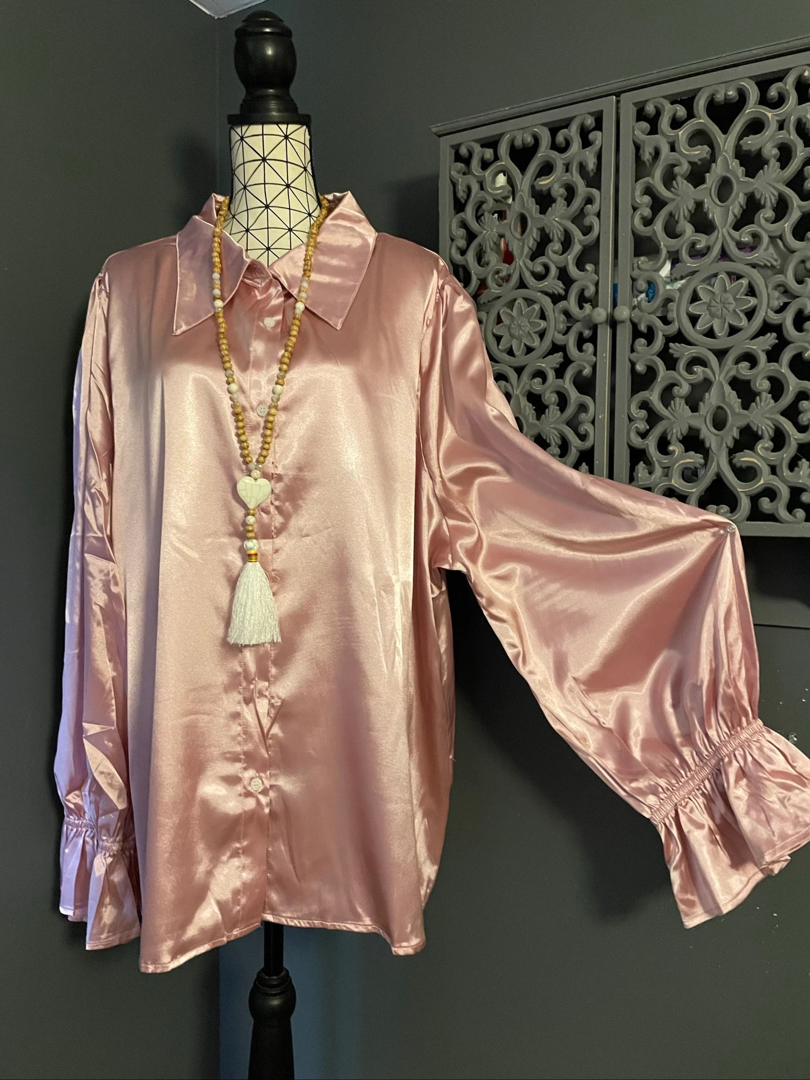💖 blusa túnica de cetim rosa antigo plus size 58 mangas com babados 💖 – photo 2
